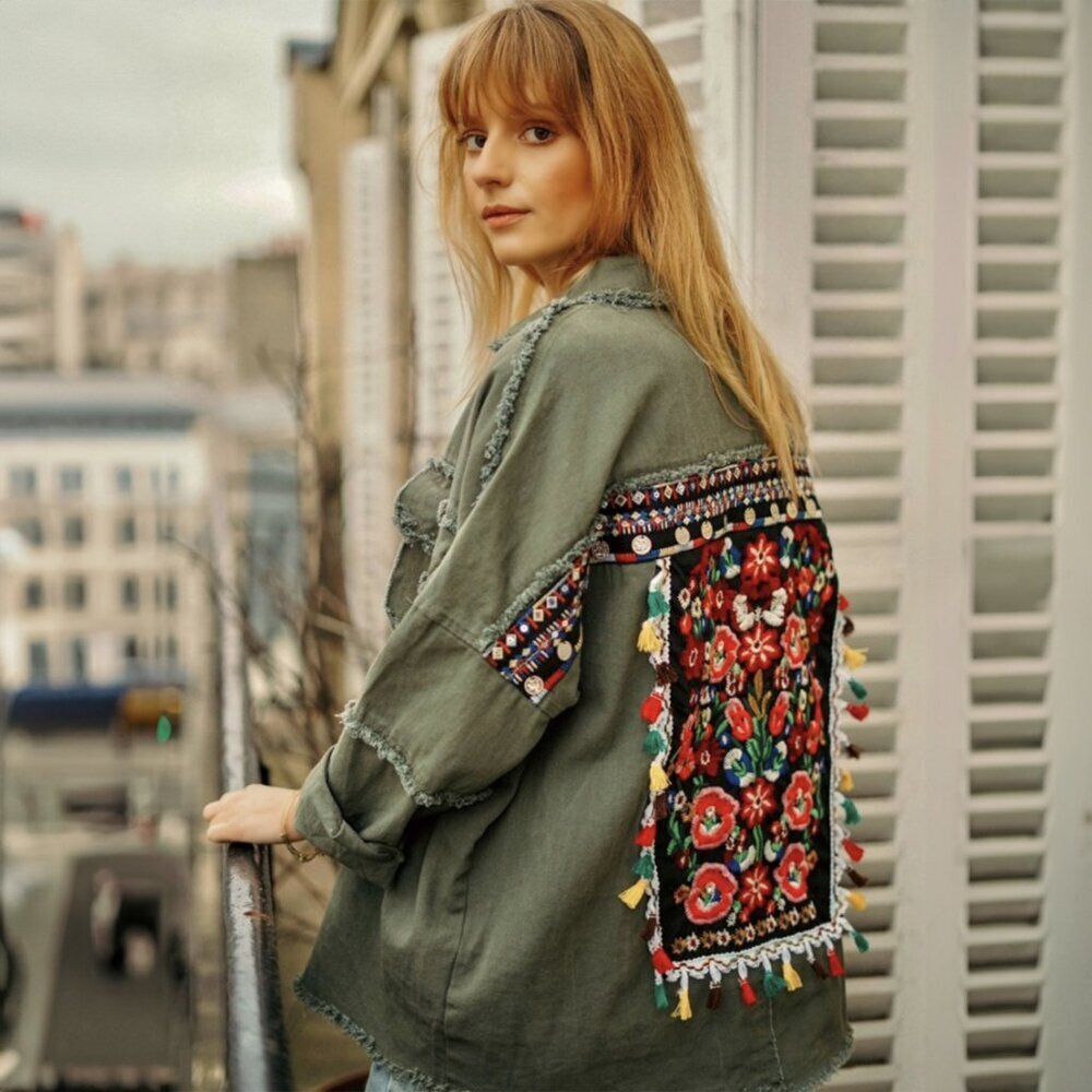 Jubylee Bohemian Floral Embroidered Frayed‎ Hem Jacket Multicolor Women One Size